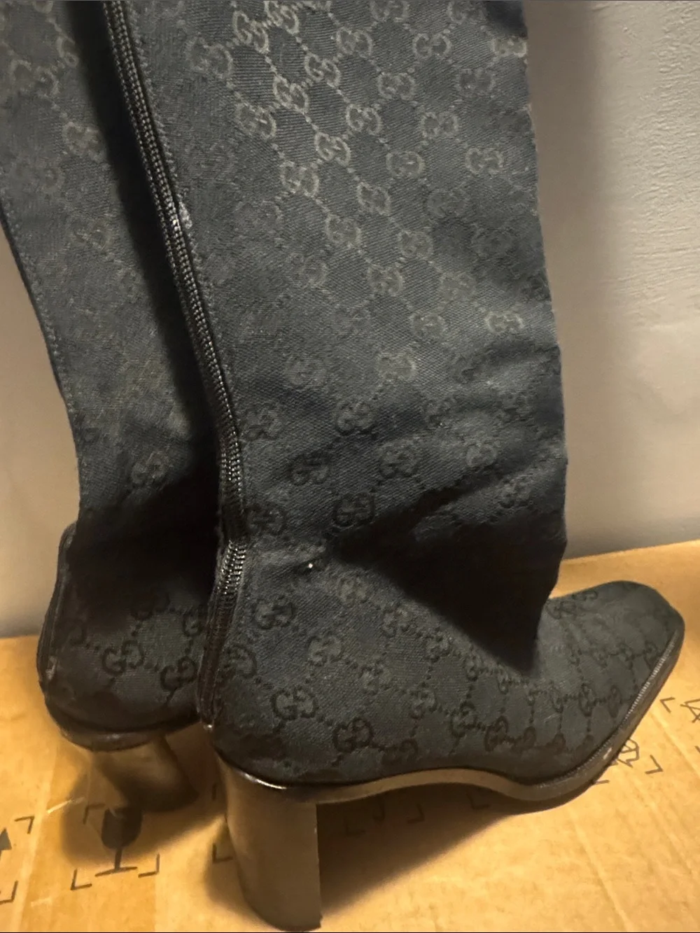 Gucci Black GG Monogram Over-the-Knee Boots with Block Heel